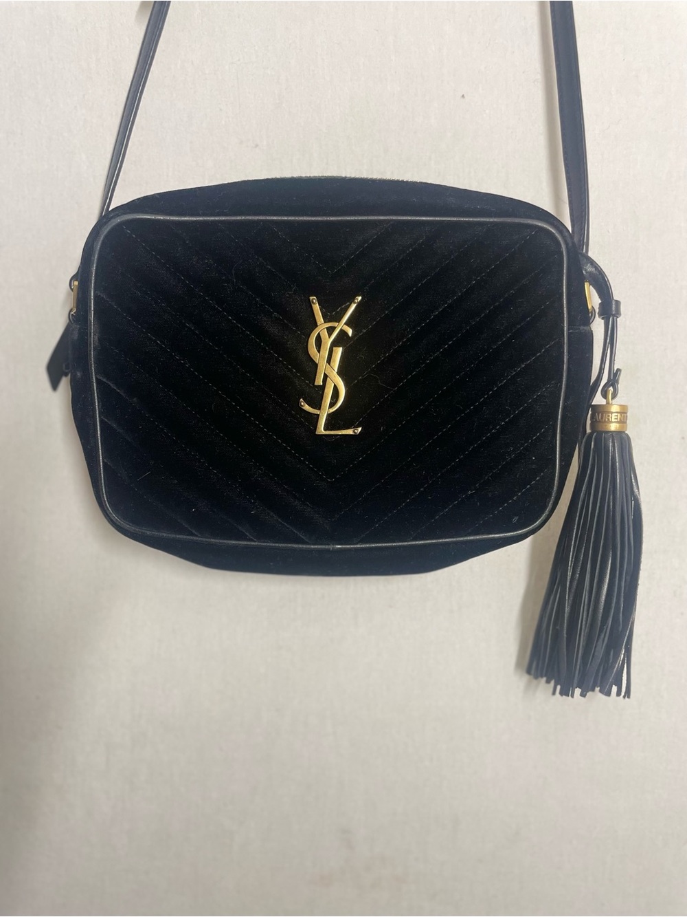 Saint Laurent Black Velvet Crossbody Camera Bag with Tassel Authentic